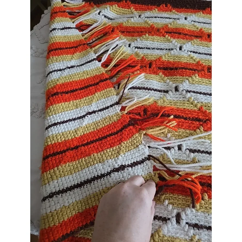 Vintage Orange White Striped‎ Granny Fringe Crochet Afghan Throw Blanket 74